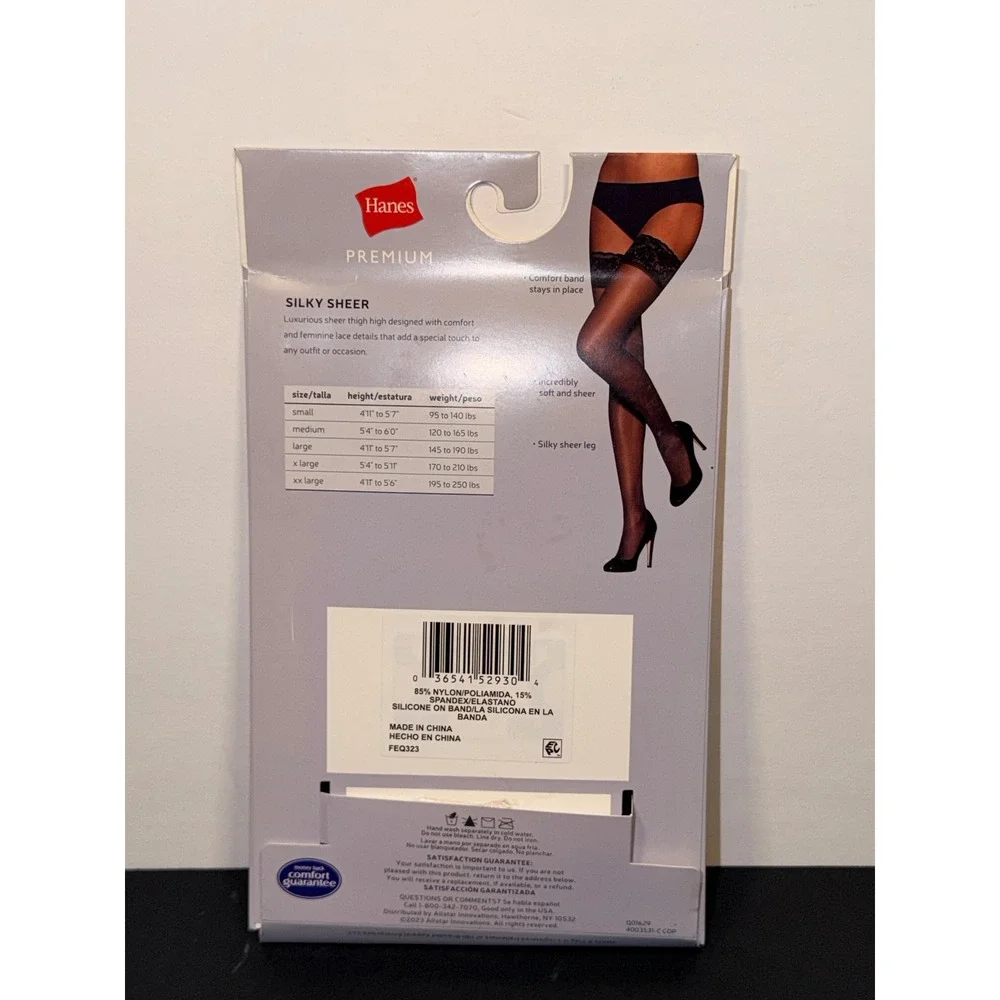 Hanes Premium Silky Sheer Lace Thigh High Stockings Black Small 20 Denier FEQ323